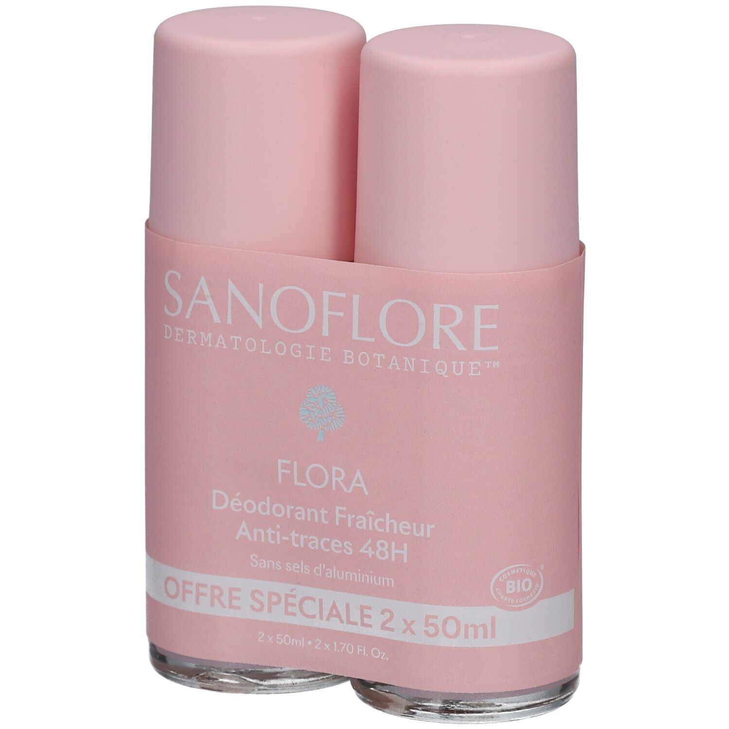 Zwei rosa Roll-On-Deodorants in einer Verpackung. Aufschrift: SANOFLORE, FLORA, 48h, Anti-traces. Spezielle Angebot 2 x 50ml.