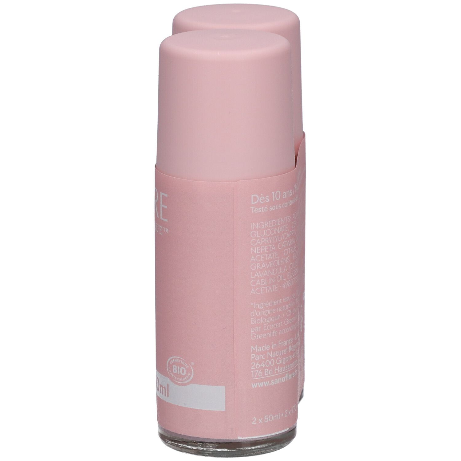 Rosa Roll-On-Deodorant. Aufschrift: SANOFLORE. Bio-Zertifizierung. Rückseite mit Inhaltsstoffen.