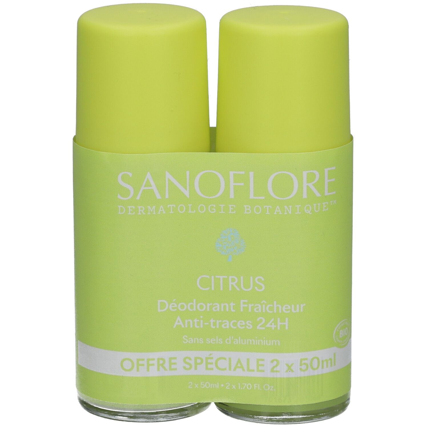 Zwei Roll-On-Deodorants in grüner Verpackung. Aufschrift: SANOFLORE, Citrus, Anti-traces 24h. Angebot: 2 x 50ml.