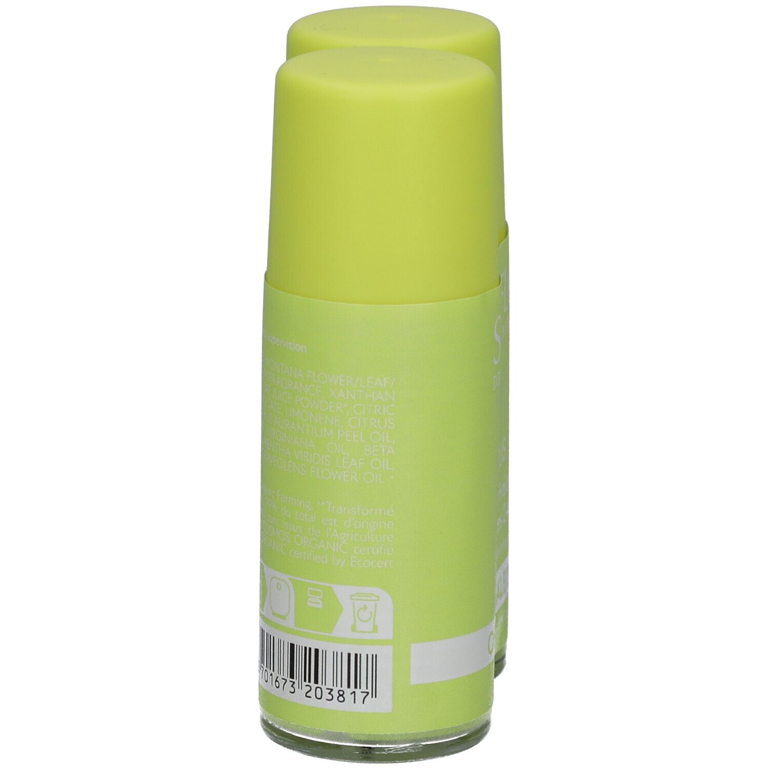 Zwei grüne Roll-On-Deodorants. Rückseite mit Text und Barcode. Aufschrift: SANOFLORE. Ohne Aluminiumsalze.