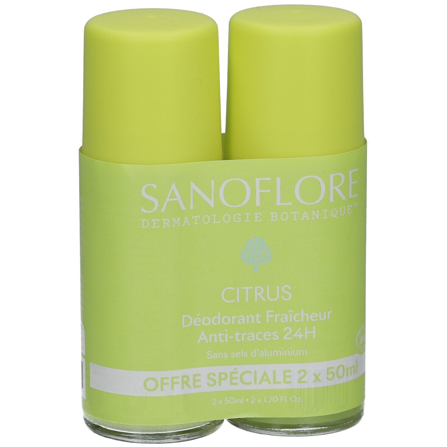 Zwei grüne Roll-On-Deodorants. Aufschrift: SANOFLORE, Citrus, Anti-traces 24h. Angebot: 2 x 50ml.