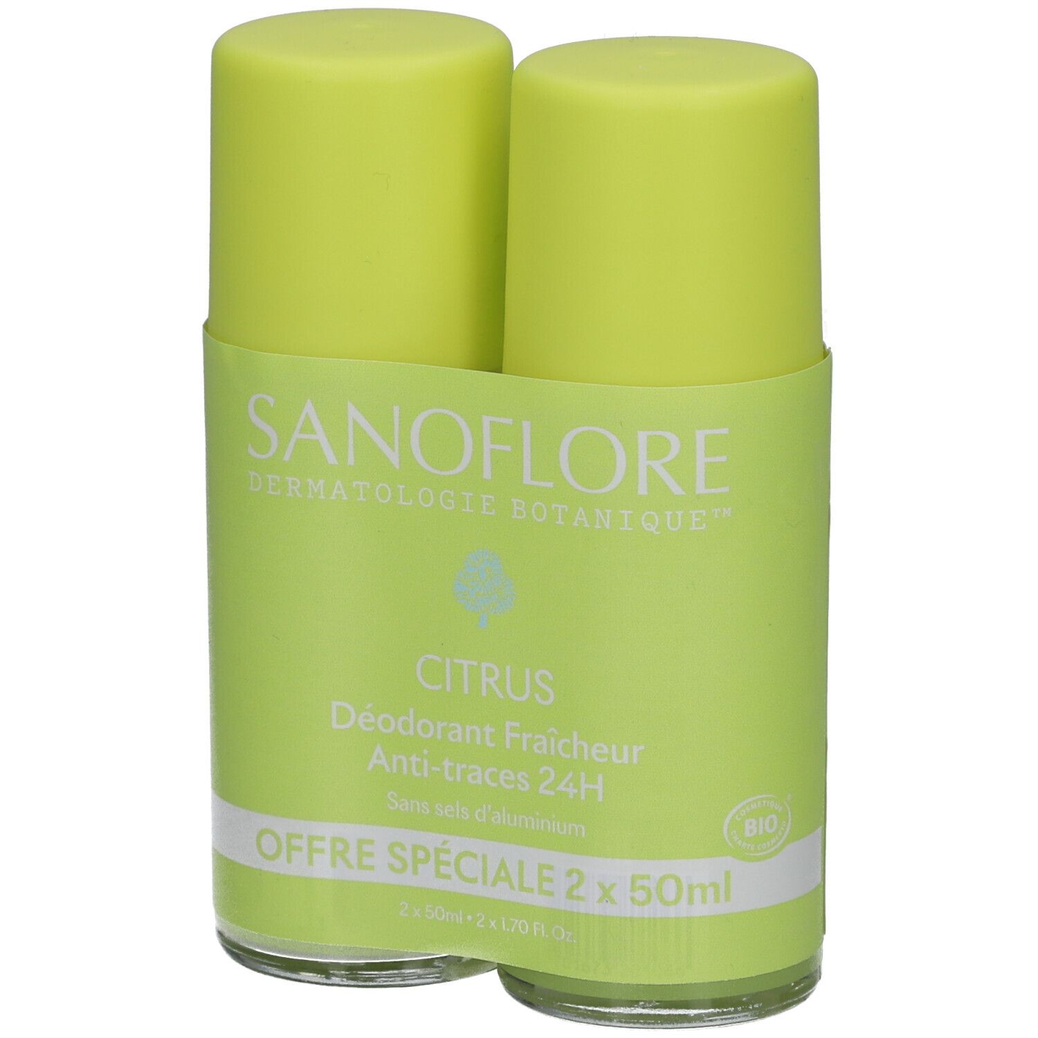Zwei grüne Roll-On-Deodorants. Aufschrift: SANOFLORE, Citrus, Anti-traces 24h. Mit Bio-Zertifizierung.