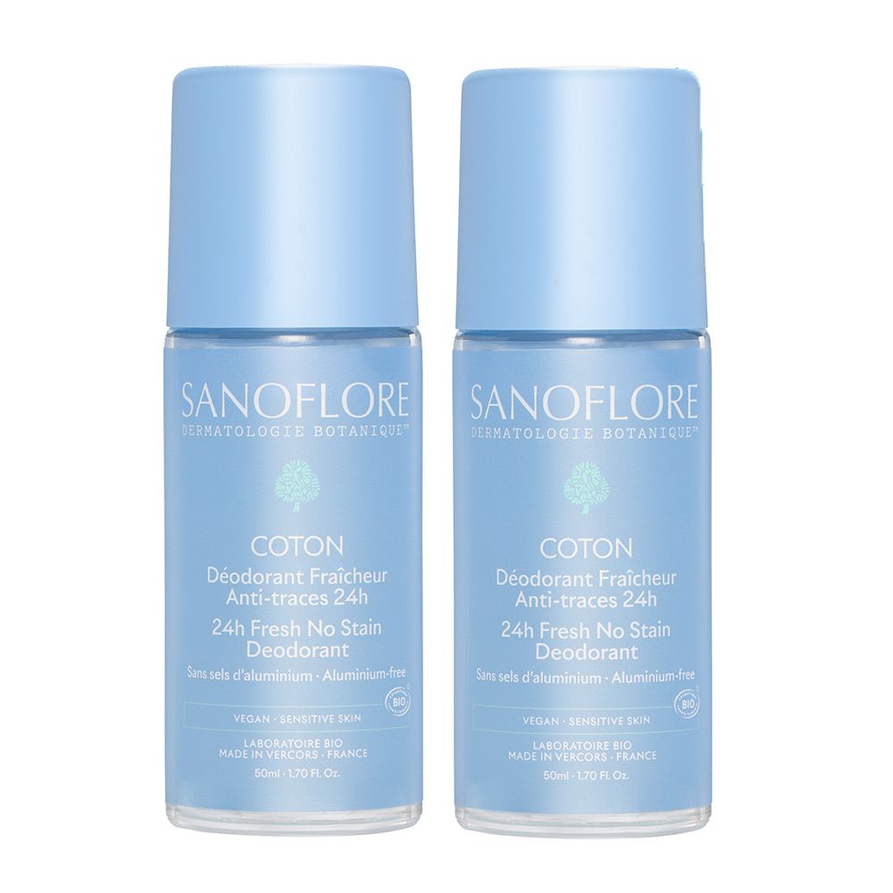 Zwei blaue Roll-On-Deodorants. Aufschrift: Sanoflore, Coton, 24H Fresh No Stain Deodorant. Ohne Aluminiumsalze.