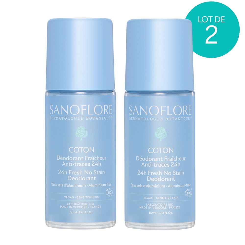 Zwei blaue Roll-On-Deodorants. Aufschrift: Sanoflore, Coton, 24H Fresh No Stain Deodorant. Ohne Aluminiumsalze. Packung mit 2.