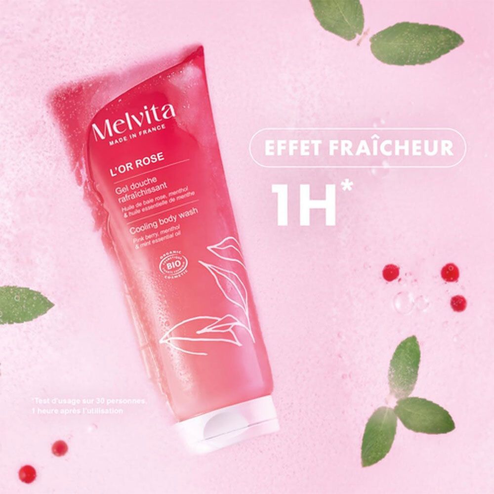 Rosa Duschgel-Tube von Melvita. Text: L'OR ROSE, Gel douche rafraîchissant. Bio-Zertifizierung. Hintergrund mit Blättern und Beeren.