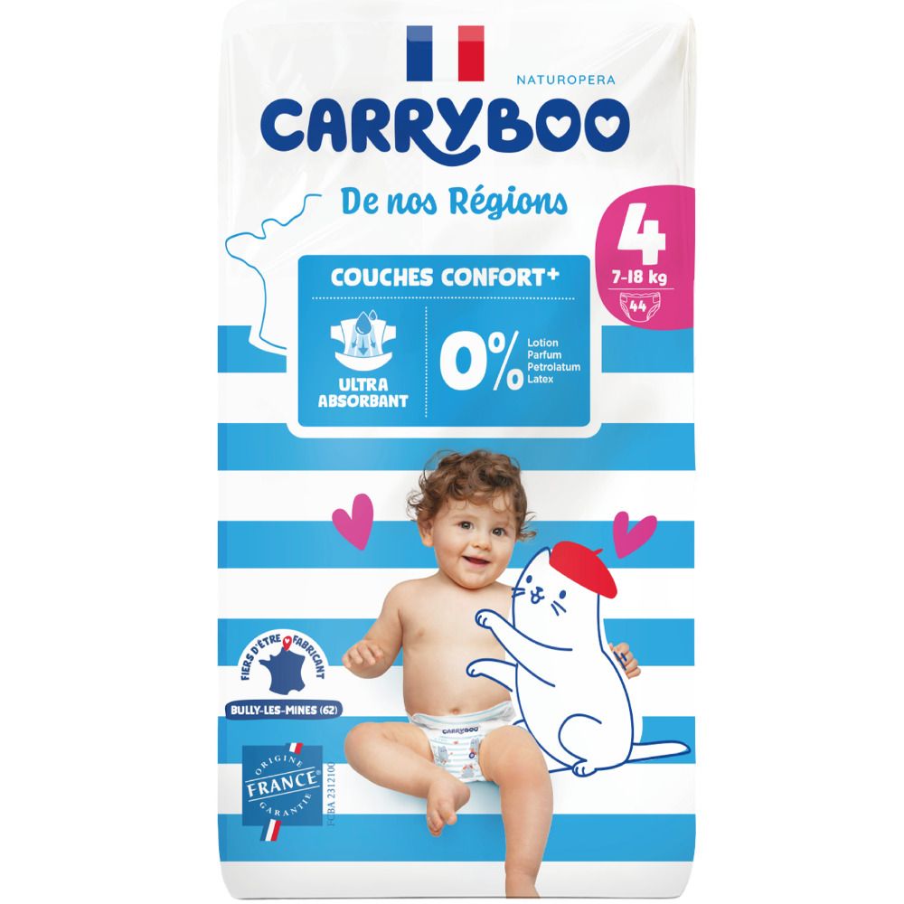 Carryboo Windelpaket Größe 4 (7-18 kg) mit blauen Streifen und einem Baby.