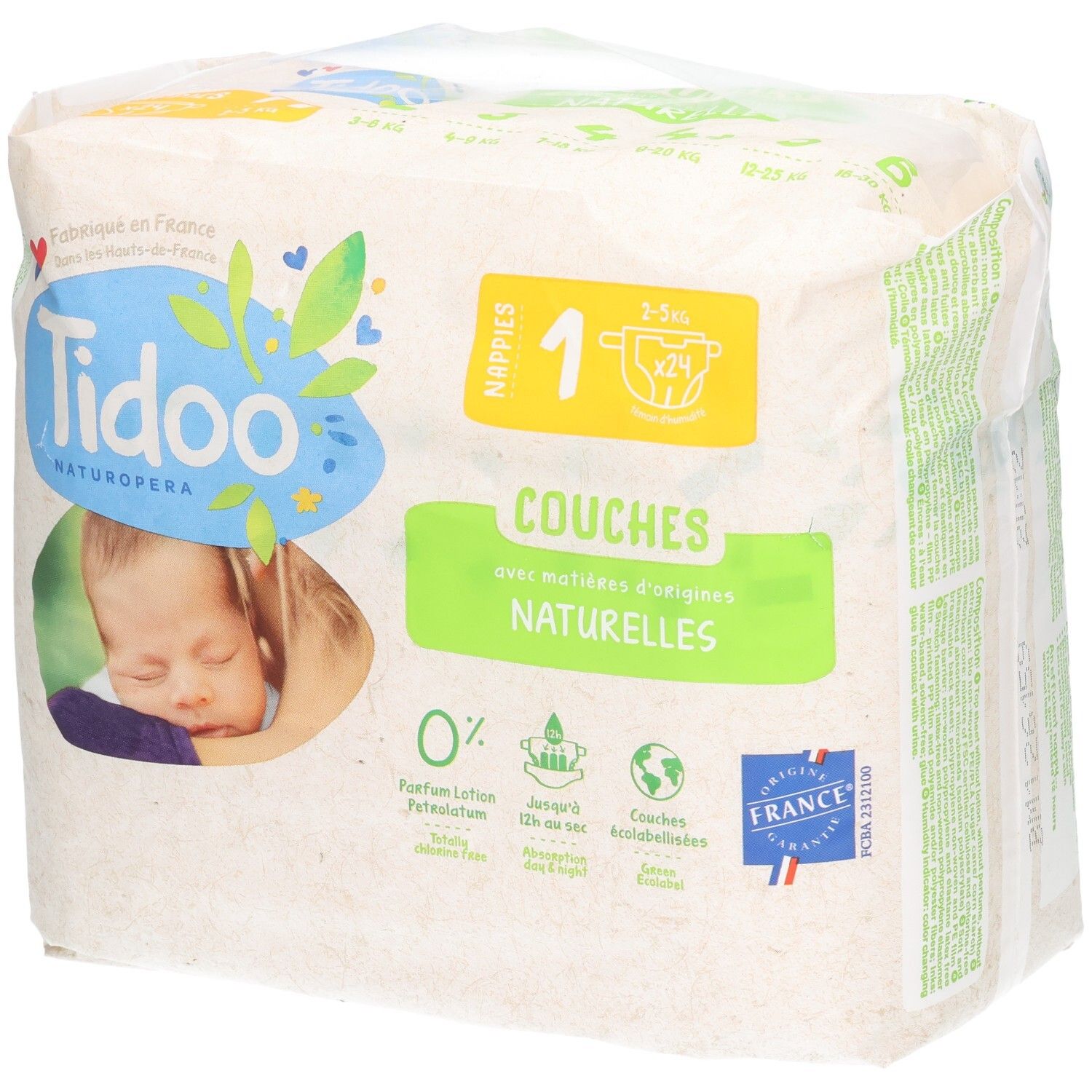 Tidoo Naturopera Größe 1 Windeln, 2-5 kg. Packung mit 24 Stück. Hergestellt in Frankreich.