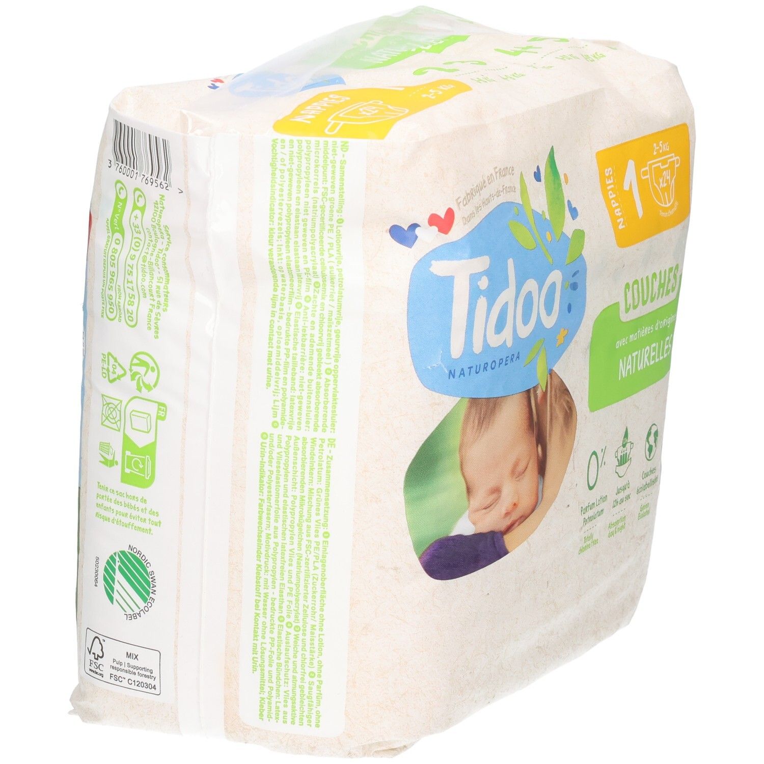 Verpackung von Tidoo Naturkind Babywindeln, Größe 1, 20 Stück.
