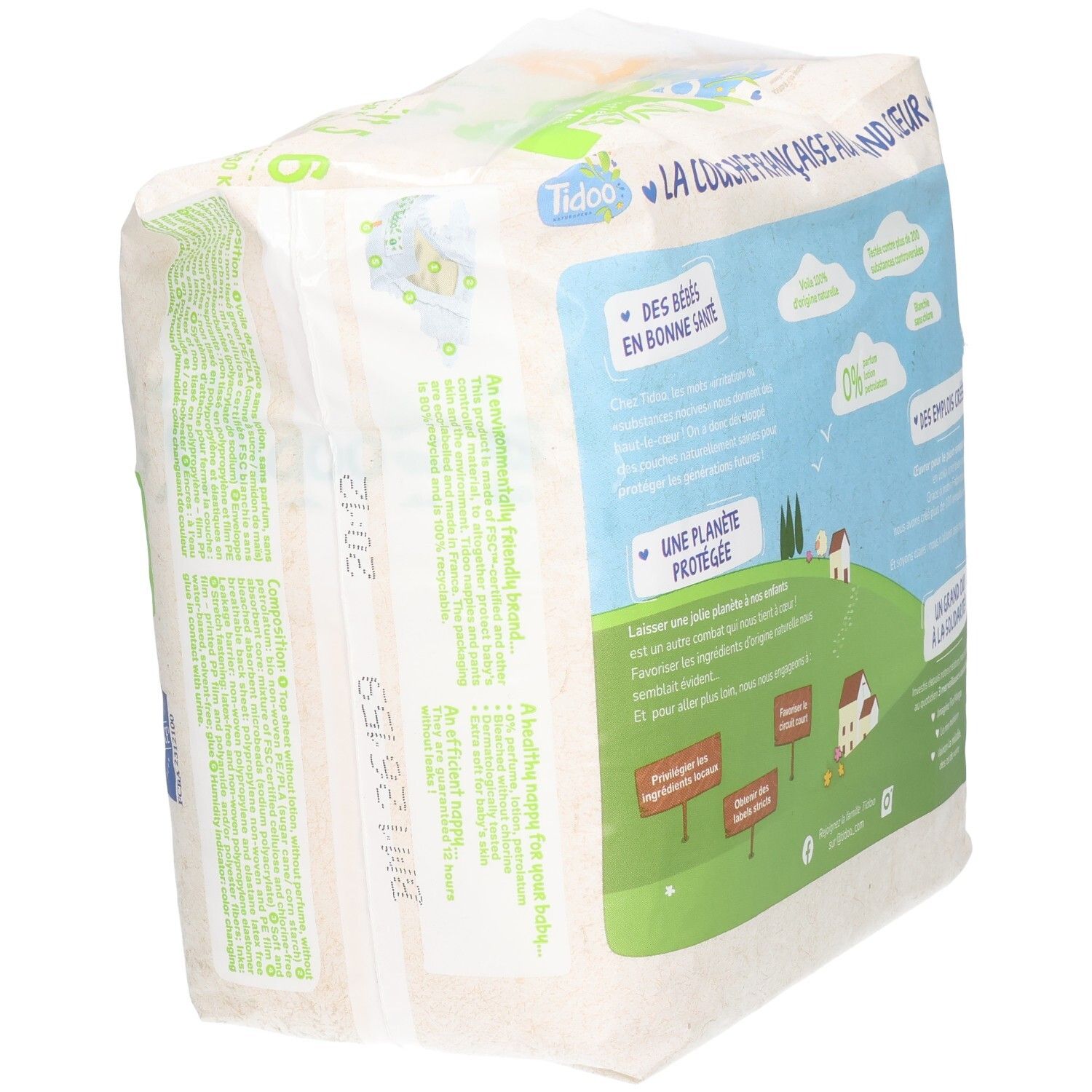 Verpackung von Tidoo Windeln mit französischen Texten und Illustrationen.