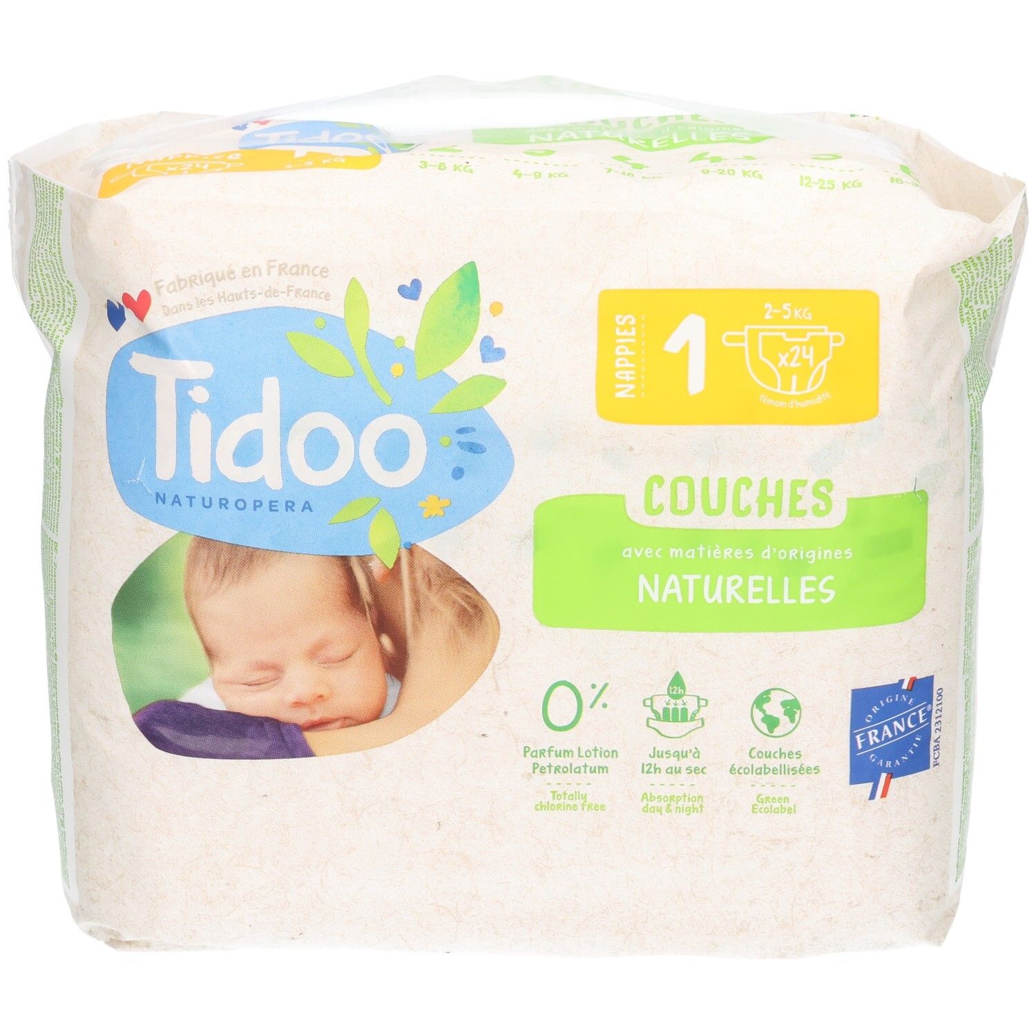 Tidoo Naturopéra Windeln Größe 1, 2-5 kg, 24 Stück. Natürliche Windeln.