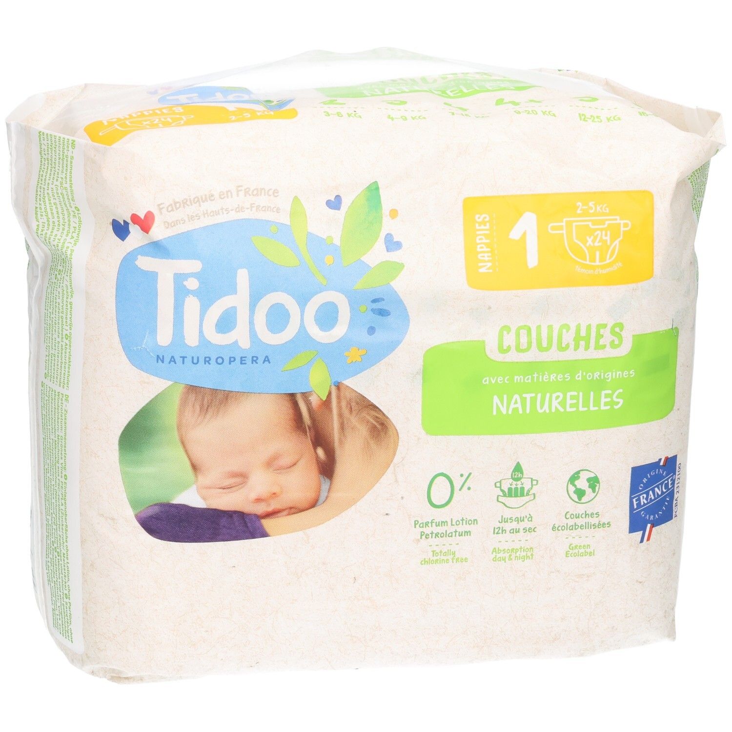 Packung Tidoo Naturopera Windeln Größe 1, 3-5 kg. Natürliche Windeln.