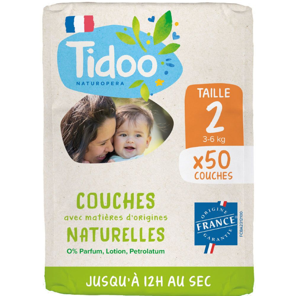 Tidoo Naturals Windeln, Größe 2, 3-6 kg, 50 Stück. Hergestellt in Frankreich.