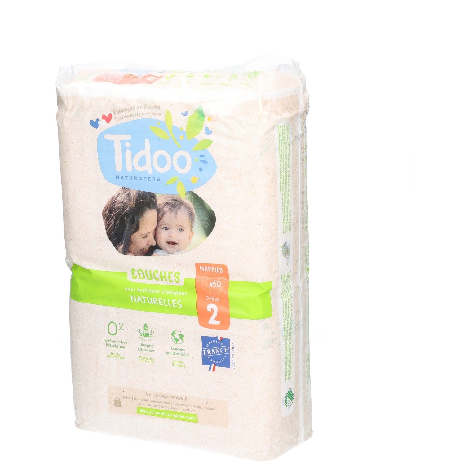 Tidoo Naturals Windeln, Größe 2, 3-6 kg, 50 Stück. Hergestellt in Frankreich.