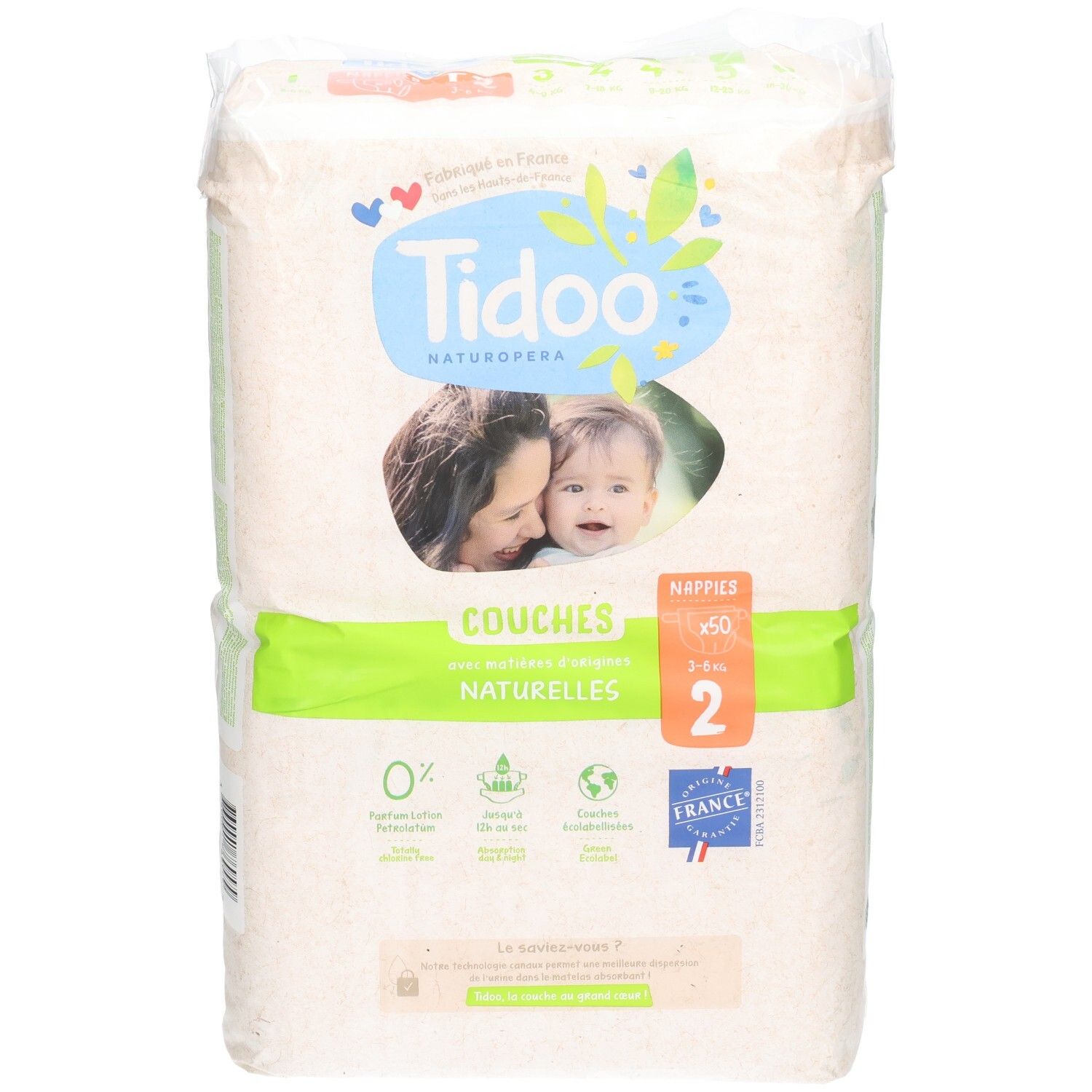 Tidoo Naturals Windeln, Größe 2, 3-6 kg, 50 Stück. Hergestellt in Frankreich.