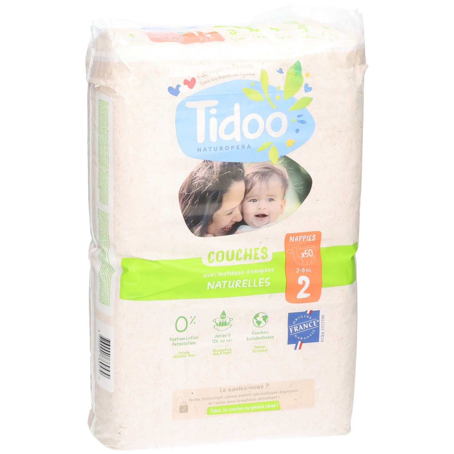 Tidoo Naturals Windeln, Größe 2, 3-6 kg, 50 Stück. Hergestellt in Frankreich.