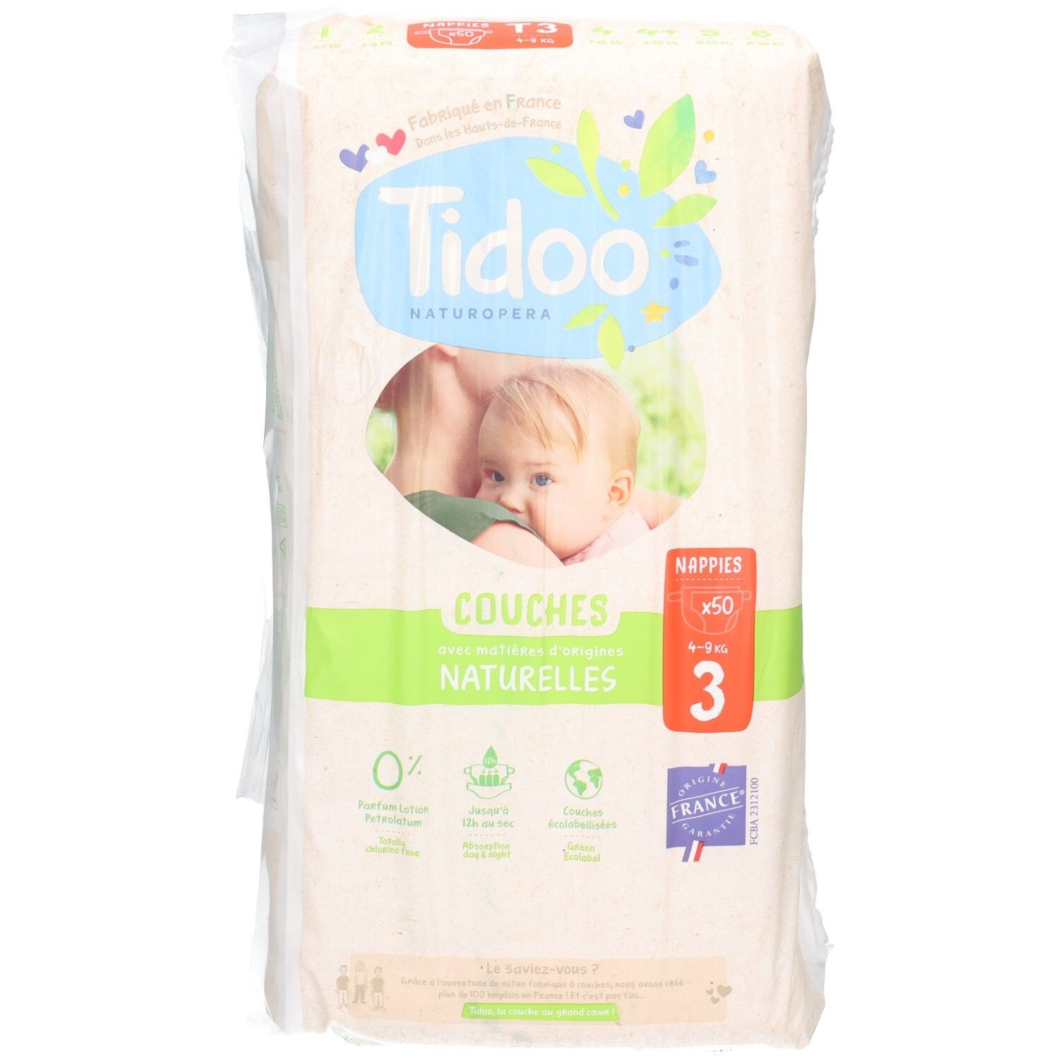 Tidoo Naturopera Windeln, Größe 3, 50 Stück. Natürliche Windeln mit Baumwollkern.