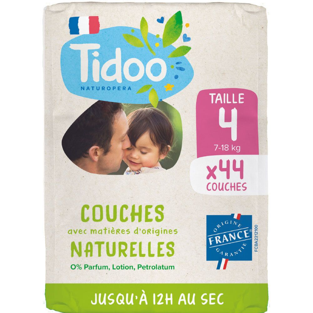 Tidoo Naturopera Windeln, Größe 4, 44 Stück. Natürliche Inhaltsstoffe, 0% Parfum, Lotion, Petrolatum. Bis zu 12 Stunden trocken.