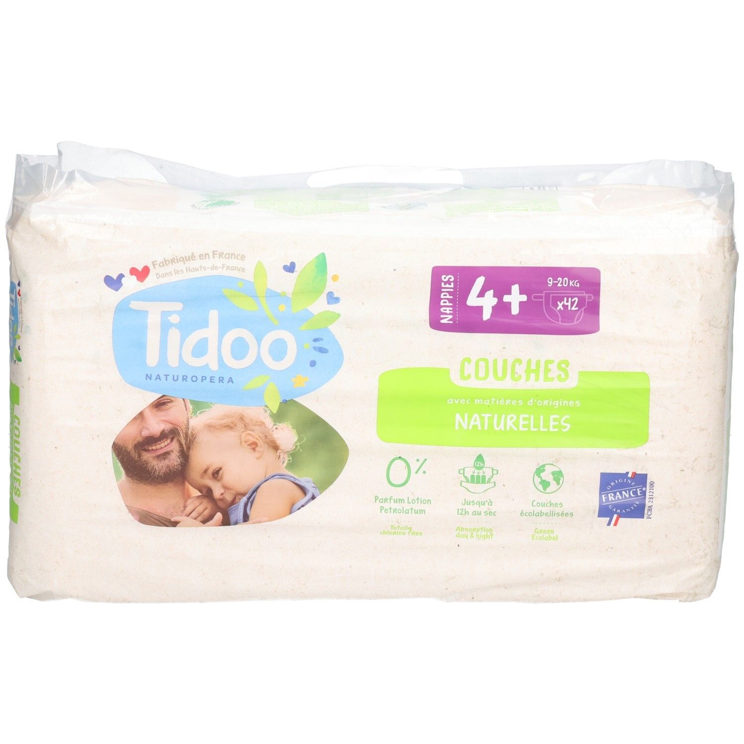 Tidoo Naturopera Windeln, Größe 4+, 9-20 kg, 42 Stück. Natürliche Windeln, 0% Lotion, chlorfrei, biologisch abbaubar. Hergestellt in Frankreich.