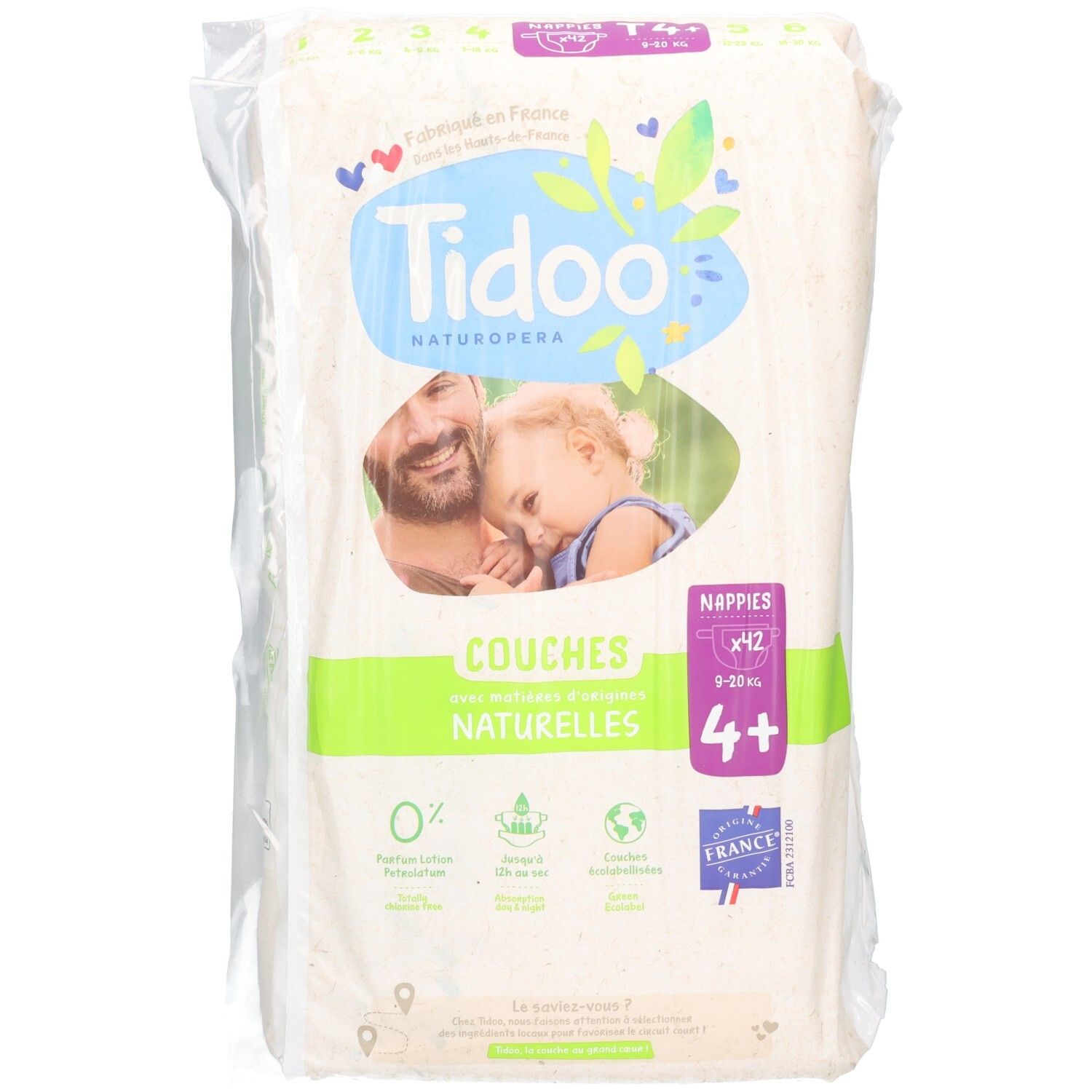 Tidoo Naturopéra Windeln, Größe 4+, 9-20 kg, 42 Stück. Hergestellt in Frankreich.