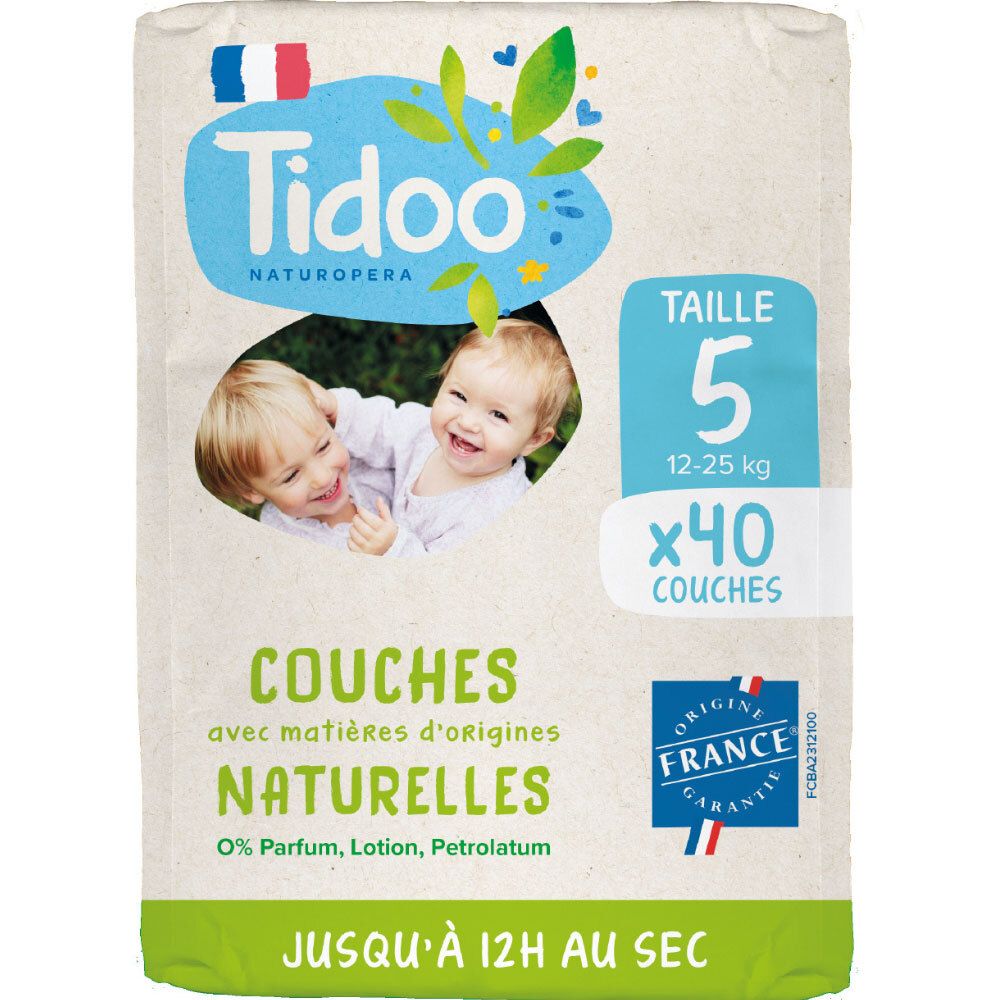 Packung Windeln Größe 5, 40 Stück, für 12-25 kg. Natürliche Materialien, parfümfrei.