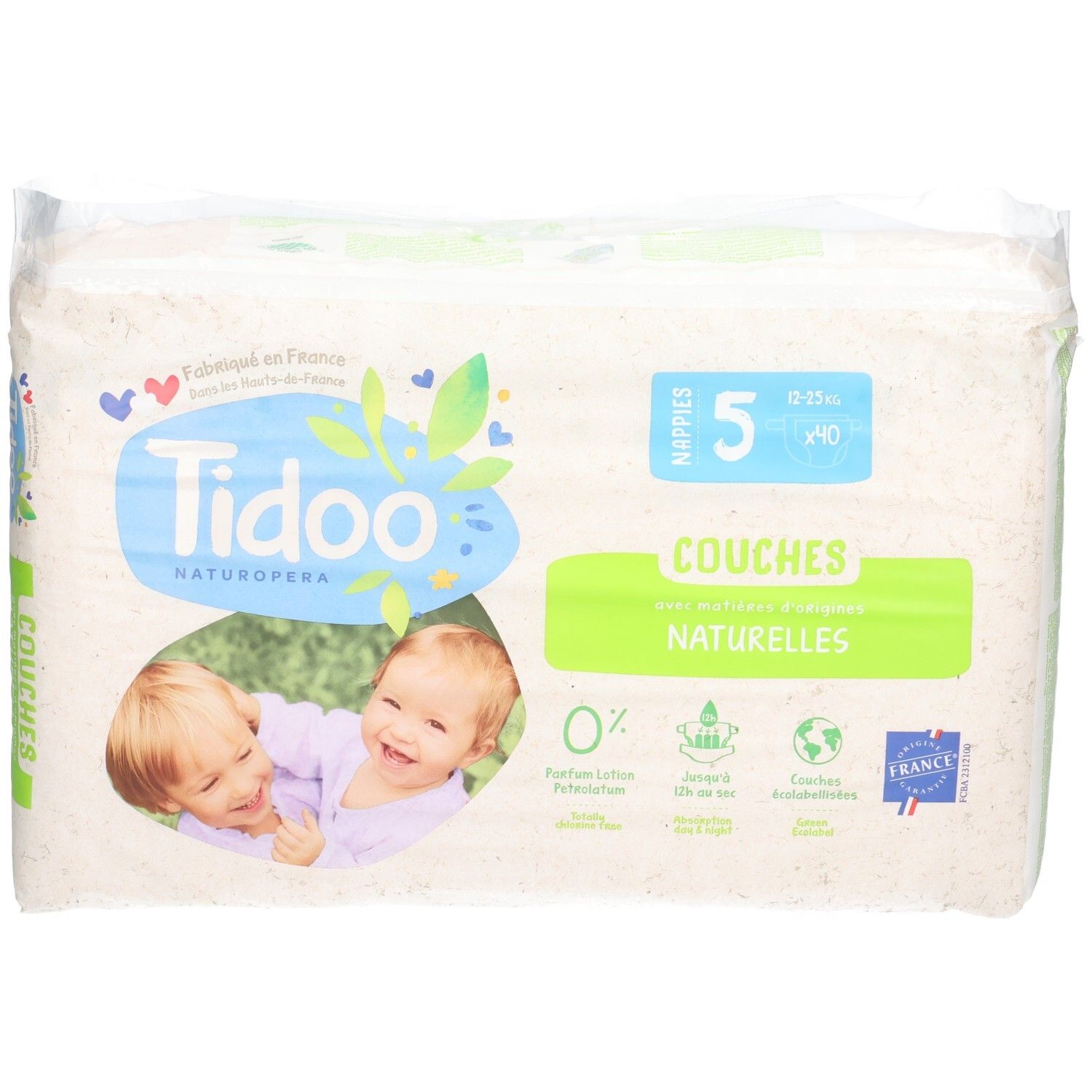 Packung Tidoo Naturals Windeln, Größe 5, 40 Stück. Hergestellt in Frankreich.