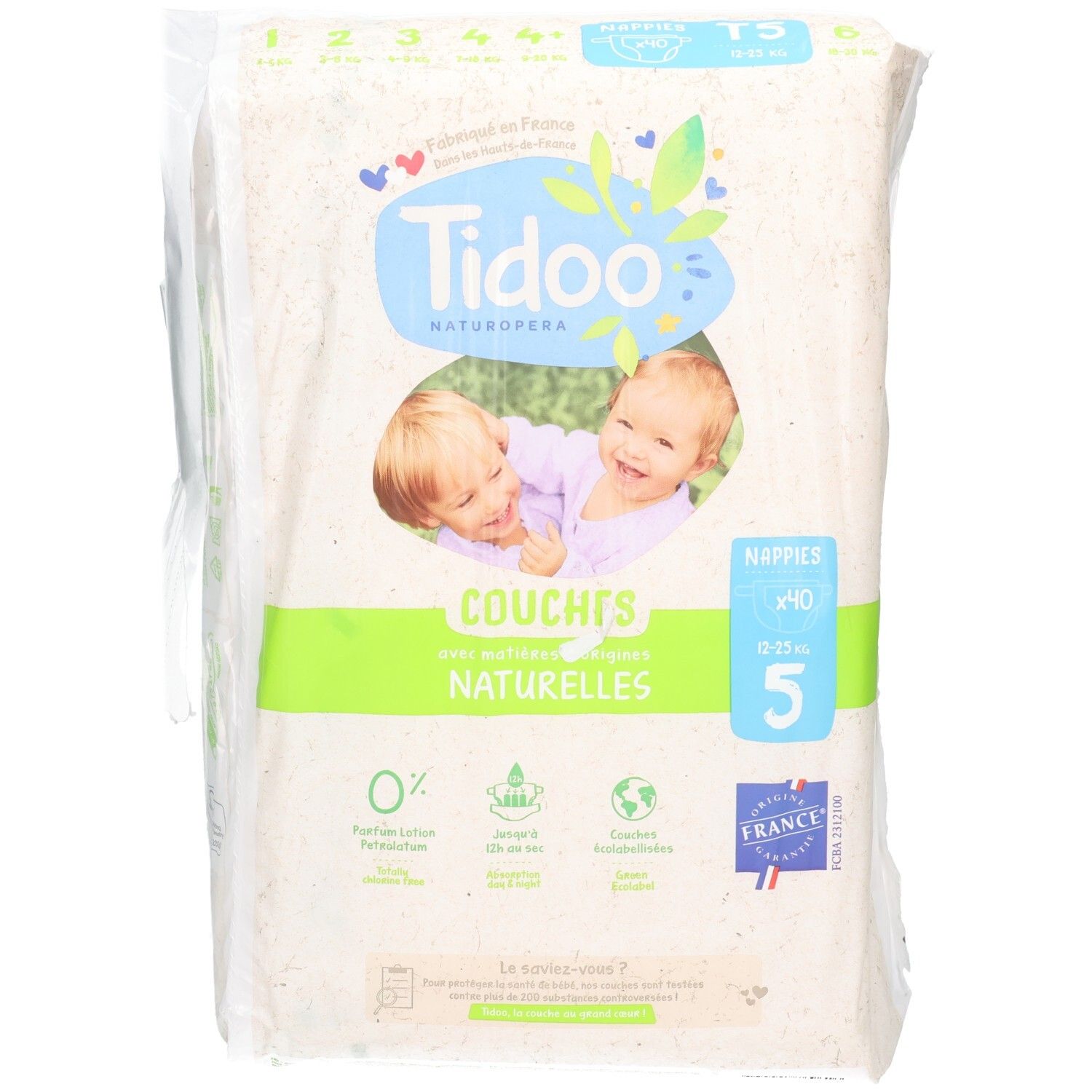 Tidoo Naturopéra Windeln, Größe 5, 40 Stück. Natürliche Windeln mit zwei lächelnden Babys auf der Verpackung.