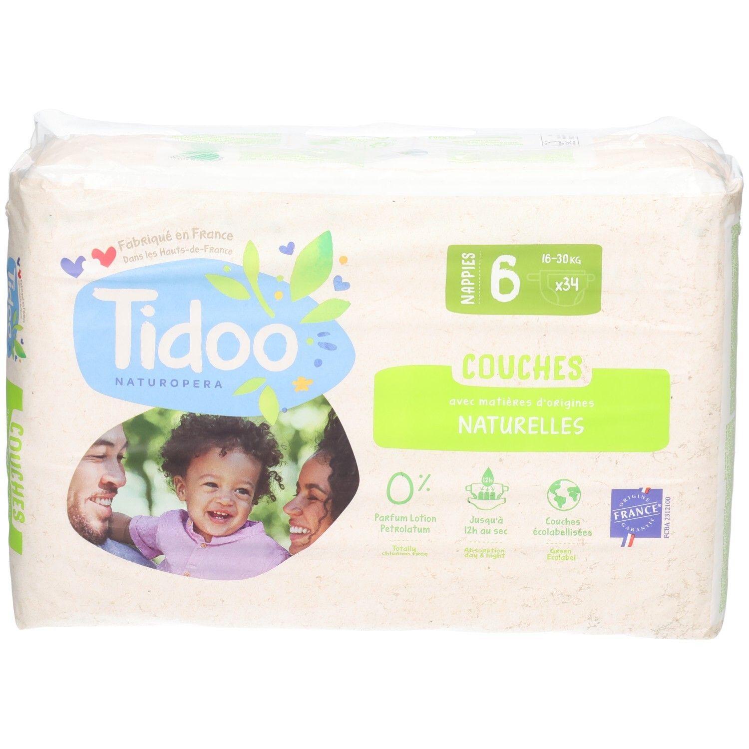 Tidoo Naturals Windeln, Größe 6, 34 Stück. Hergestellt in Frankreich.