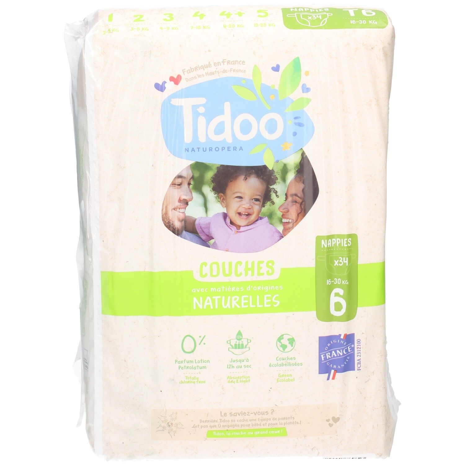 Tidoo Naturals Windeln, Größe 6, 34 Stück. Hergestellt in Frankreich.