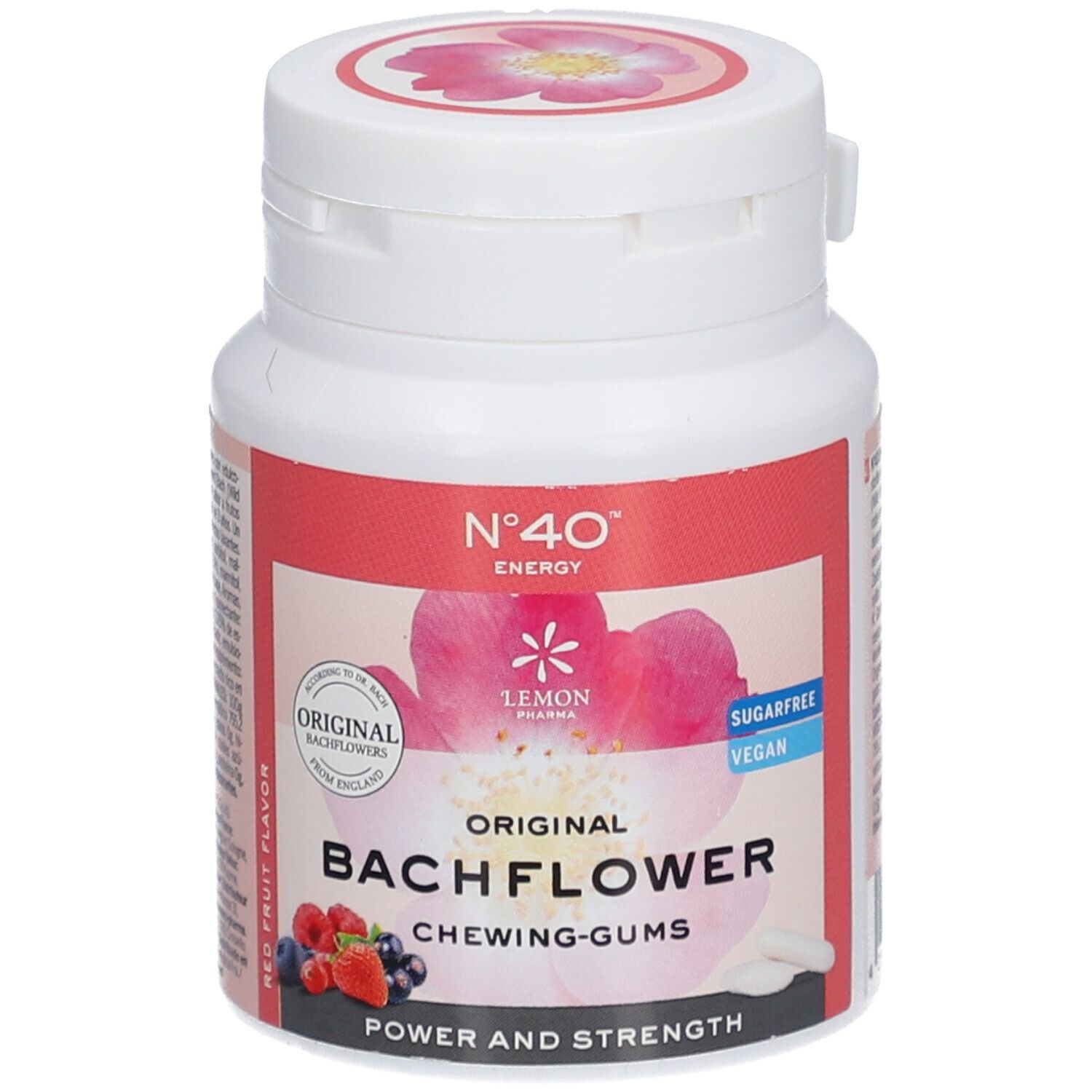 Flacon blanc avec étiquette rouge. Inscription: Original Bach Flower Chewing-Gums. Végétalien, sans sucre.
