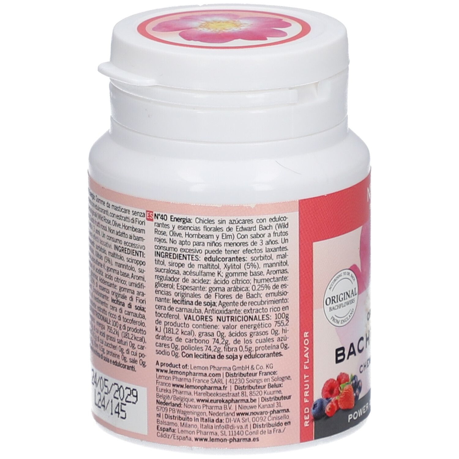 Dos du flacon blanc avec étiquette rouge. Texte multilingue. Inscription: Original Bach Flower Chewing-Gums.