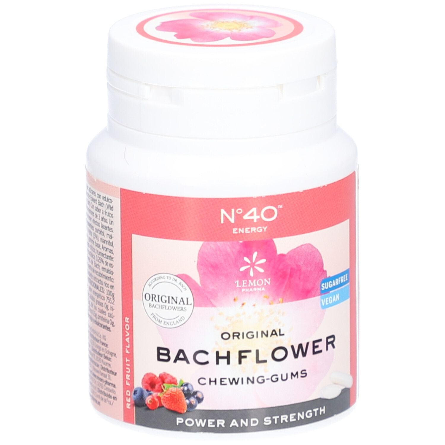 Flacon blanc avec étiquette rouge. Inscription: Original Bach Flower Chewing-Gums. Végétalien, sans sucre.