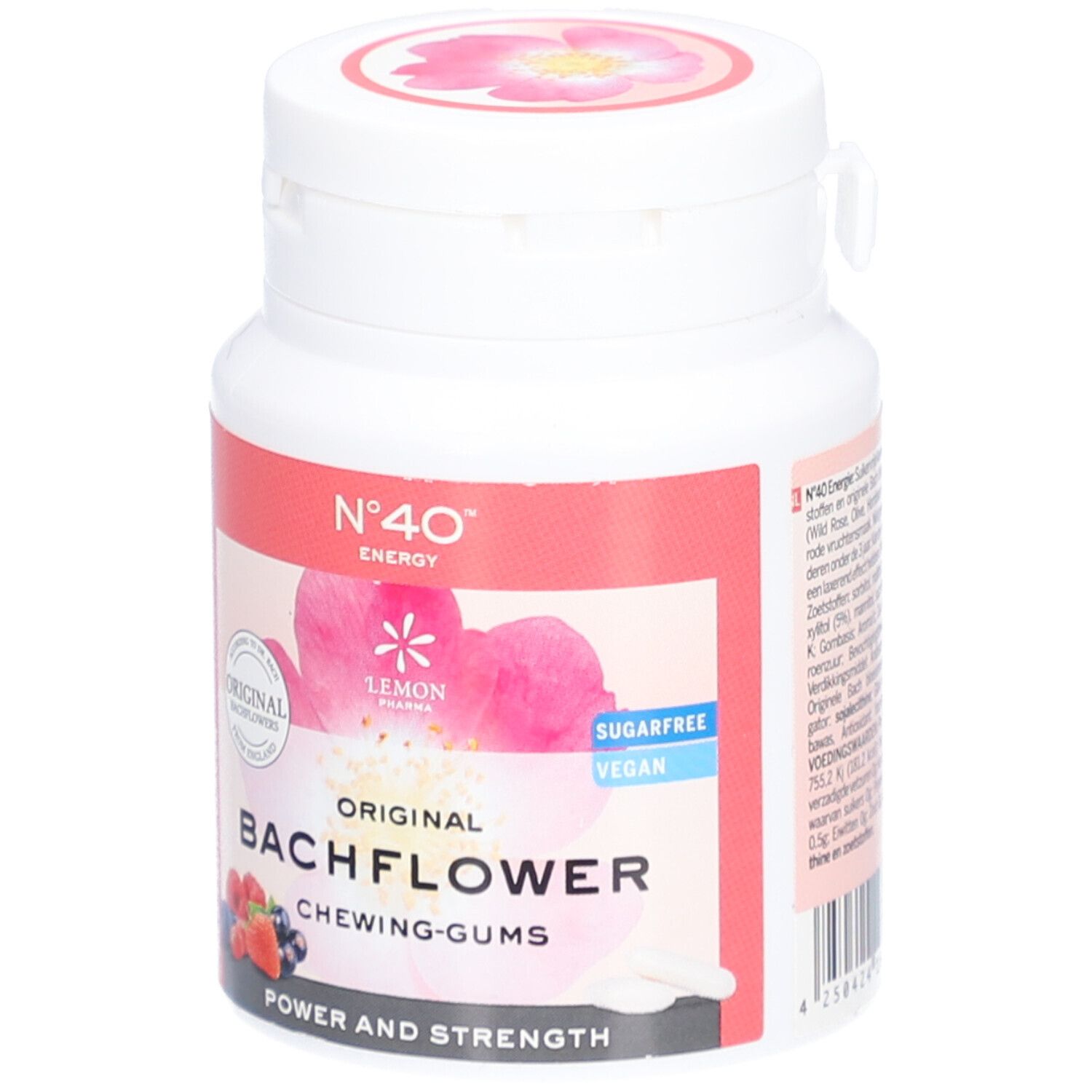 Flacon blanc avec étiquette rouge. Inscription: Original Bach Flower Chewing-Gums. Végétalien, sans sucre.