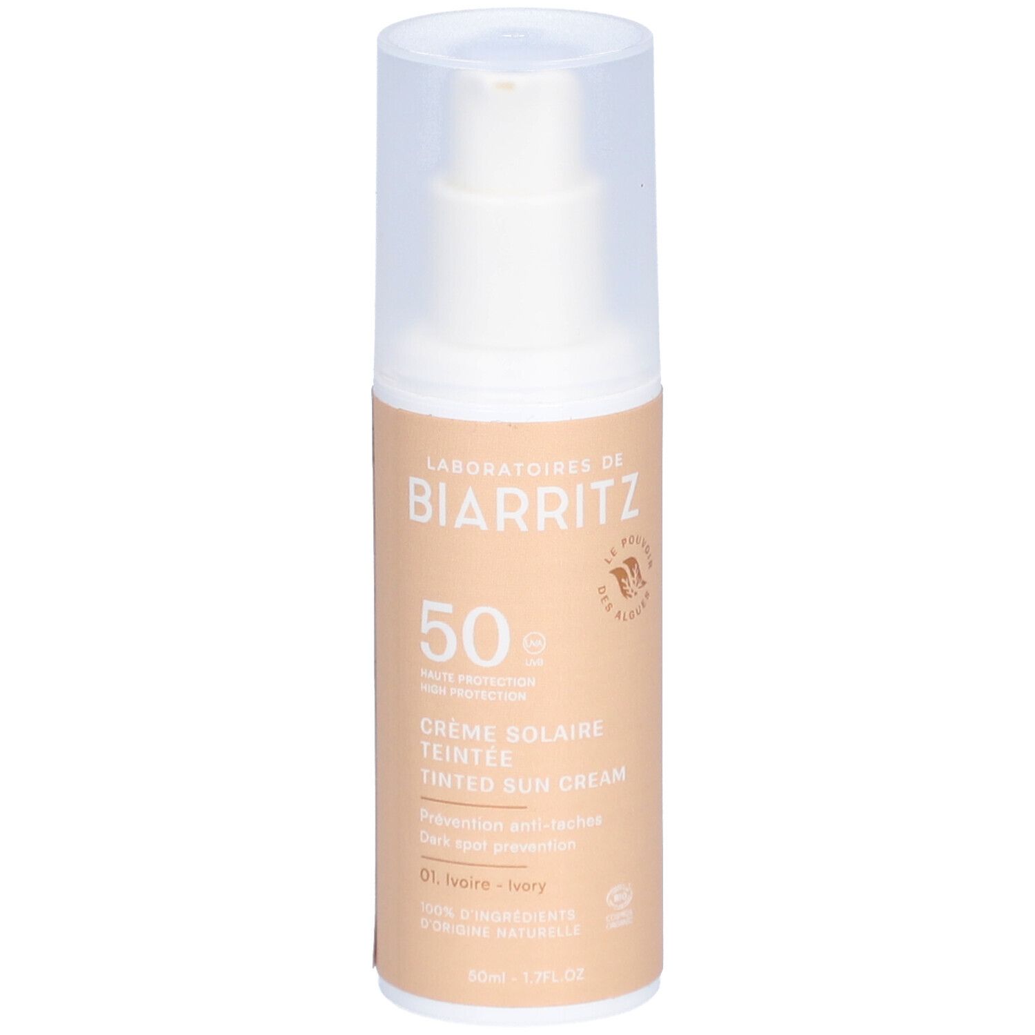 Flacon de crème solaire teintée beige avec bouchon blanc. Inscriptions: LABORATOIRES DE BIARRITZ, 50 SPF, Crème Solaire Teintée, 01 Ivoire.