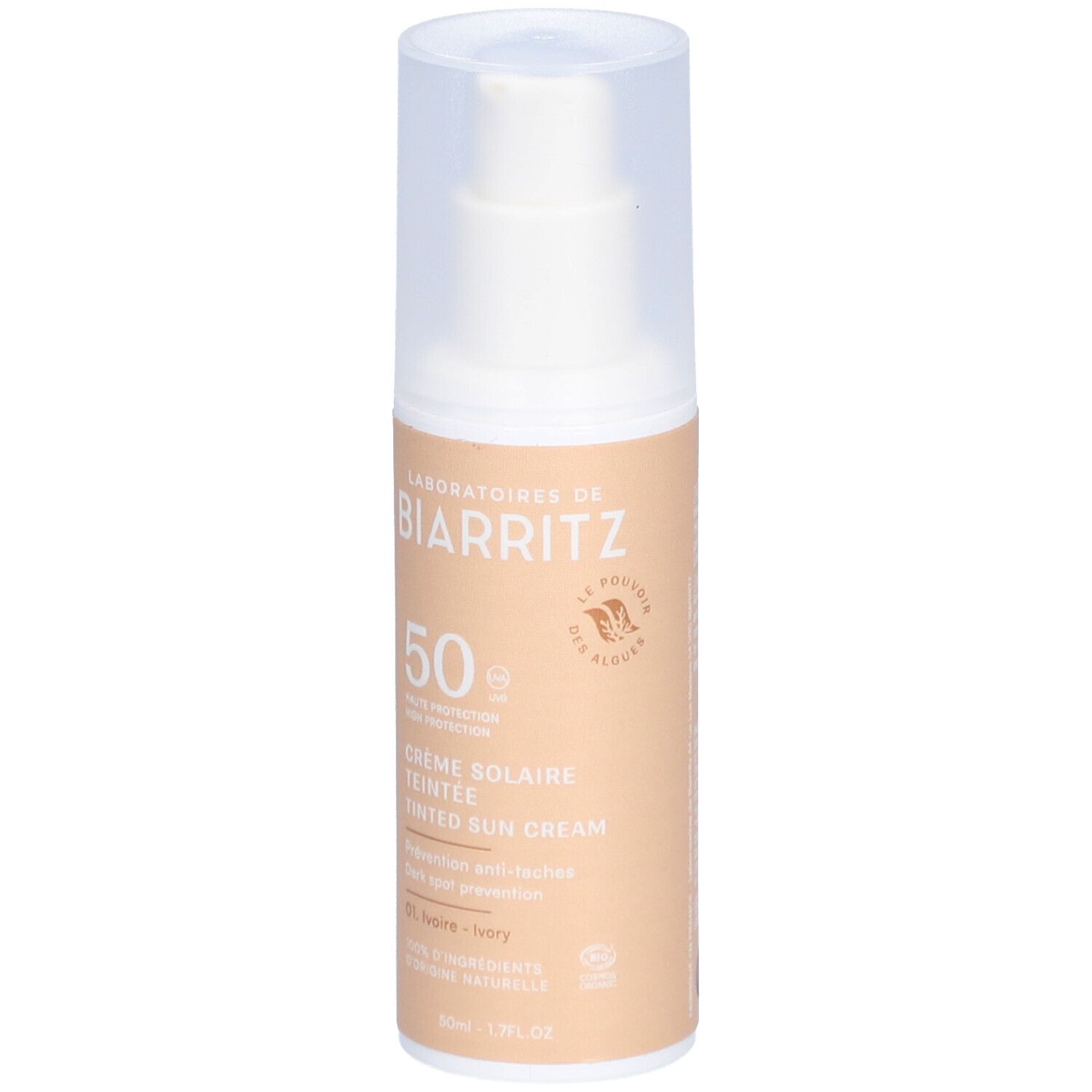 Flacon de crème solaire teintée beige avec bouchon blanc. Inscriptions: LABORATOIRES DE BIARRITZ, 50 SPF, Crème Solaire Teintée, 01 Ivoire.