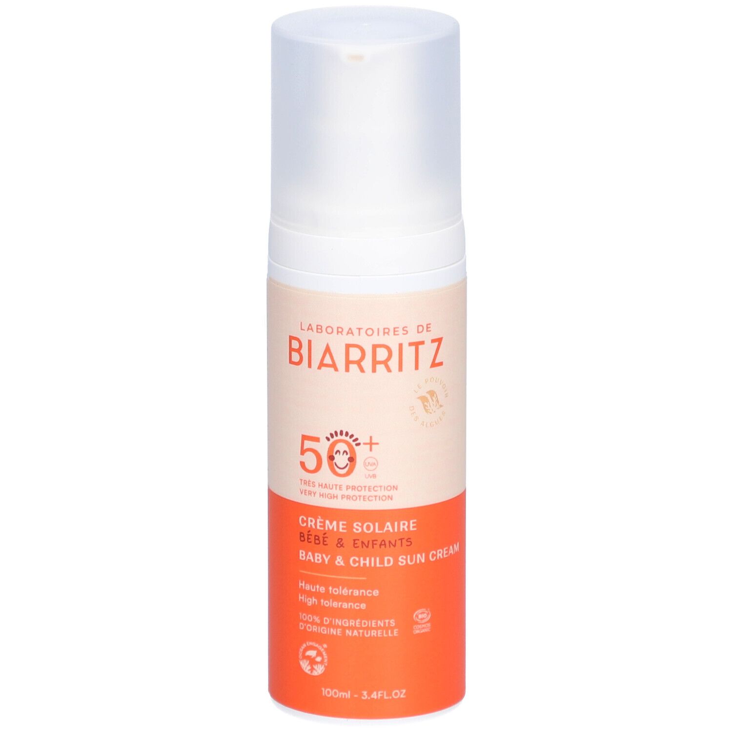 Flacon de crème solaire. Distributeur blanc, partie inférieure orange. Inscriptions: LABORATOIRES DE BIARRITZ, SPF50+, Crème Solaire Bébé & Enfants.