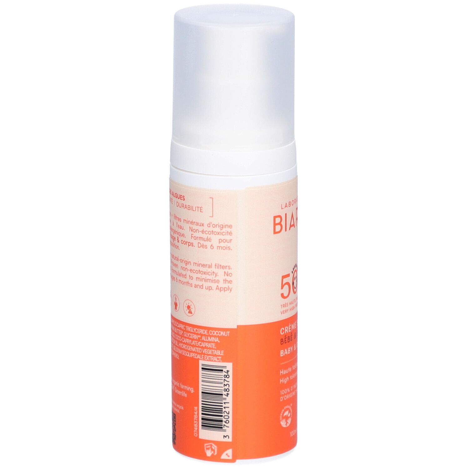 Dos du flacon de crème solaire. Distributeur blanc, partie orange. Texte: filtres minéraux, pour visage & corps, dès 6 mois.