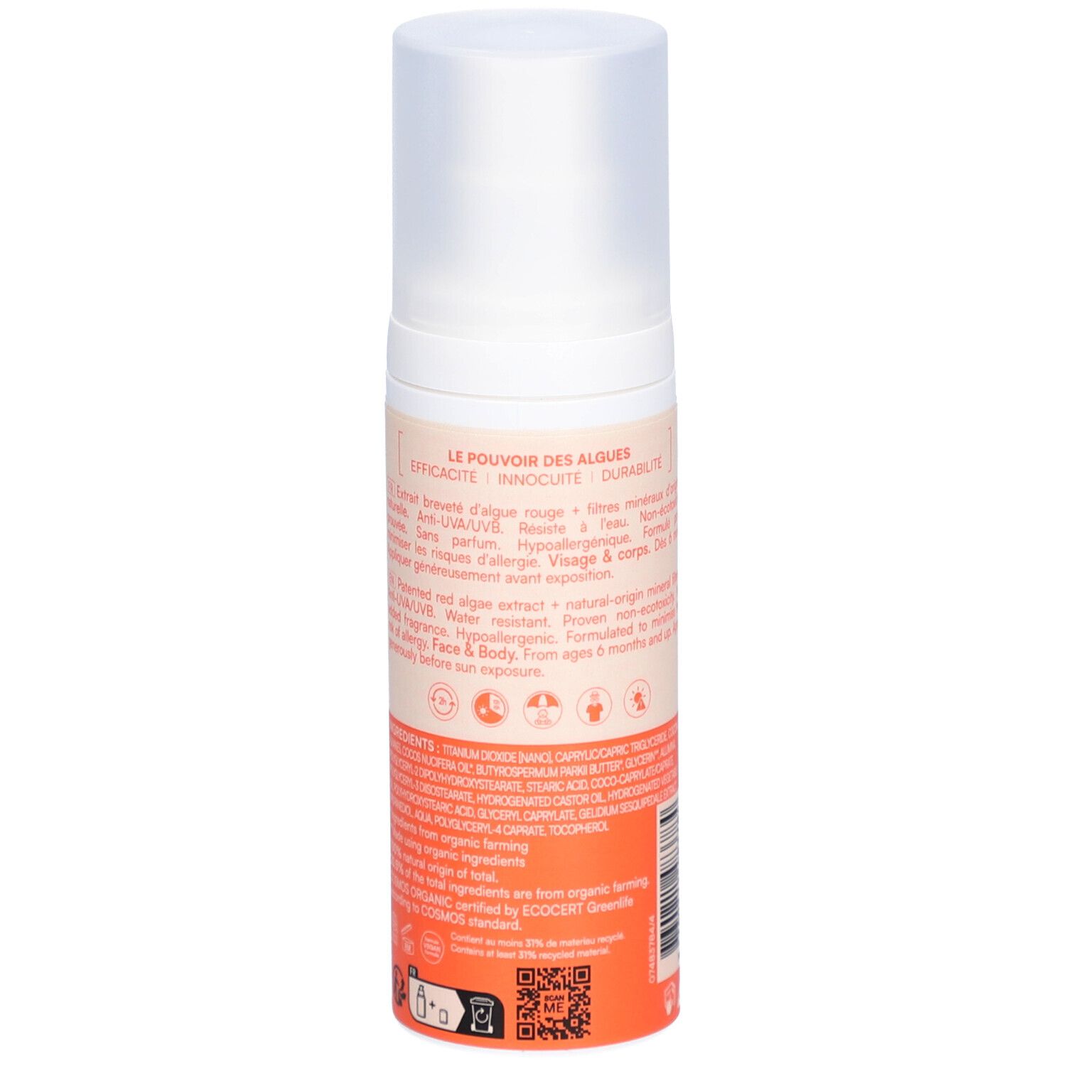 Dos du flacon de crème solaire. Distributeur blanc, partie orange. Texte: Le pouvoir des algues, ingrédients, ECOCERT.