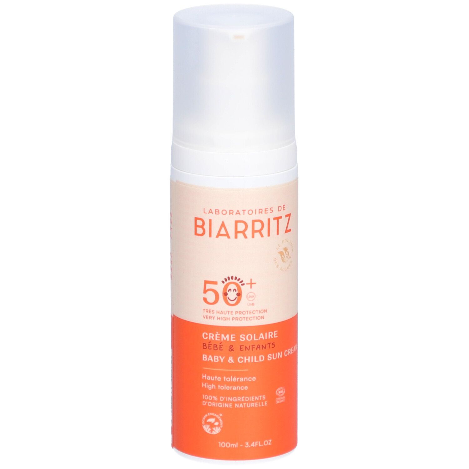 Flacon de crème solaire. Distributeur blanc, partie inférieure orange. Inscriptions: LABORATOIRES DE BIARRITZ, SPF50+, Crème Solaire Bébé & Enfants.