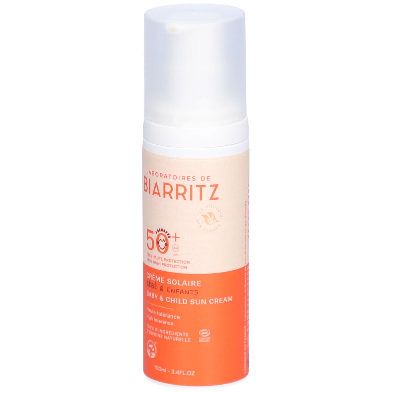 Flacon de crème solaire. Distributeur blanc, partie inférieure orange. Inscriptions: LABORATOIRES DE BIARRITZ, SPF50+, Crème Solaire Bébé & Enfants.