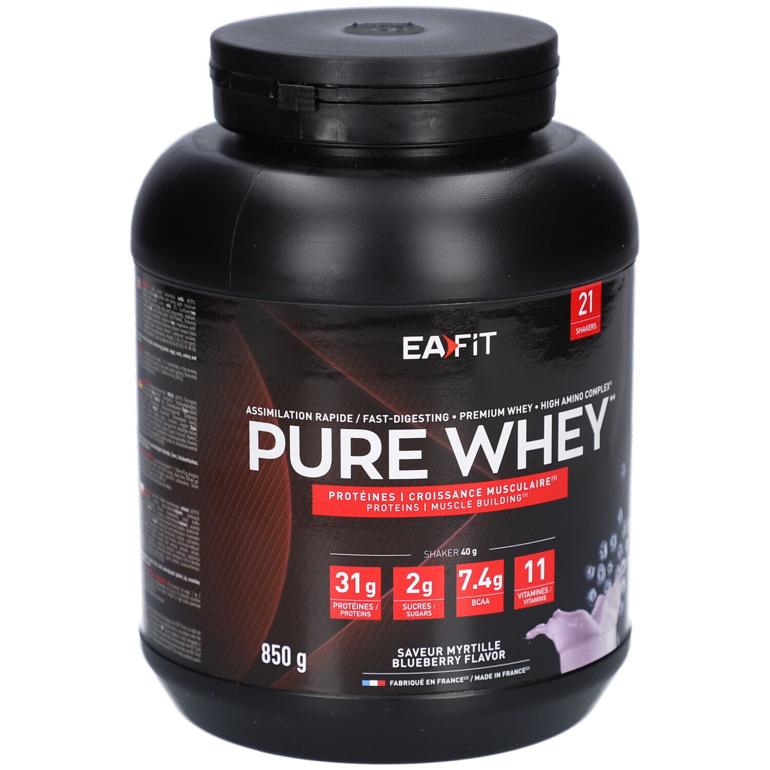 Schwarze Dose mit EAFIT PURE WHEY. Aufschrift: Proteine, 850g, Blaubeer-Geschmack. Enthält 21 Portionen.