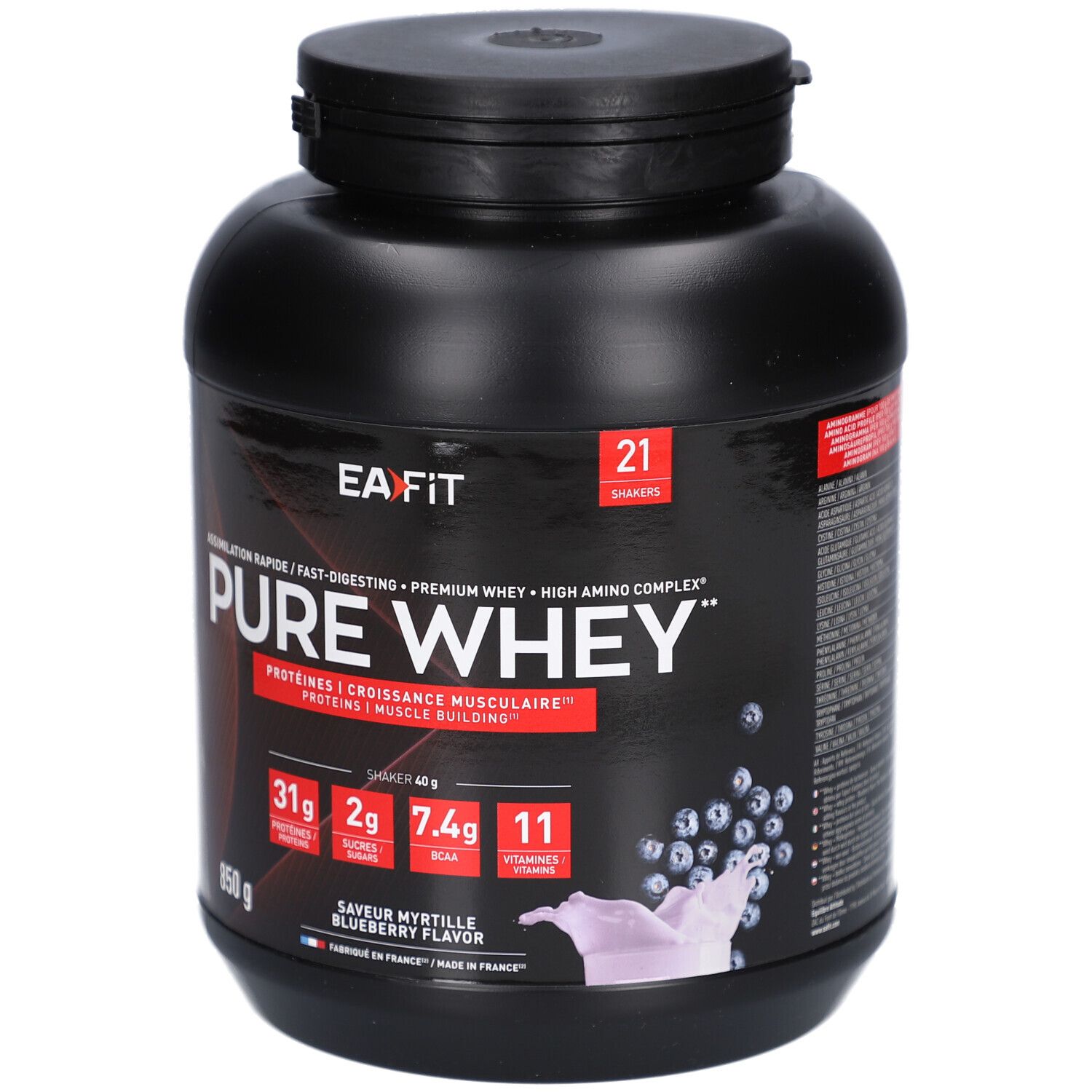 Schwarze Dose mit EAFIT PURE WHEY. Aufschrift: Proteine, 850g, Blaubeer-Geschmack. Enthält 21 Portionen.