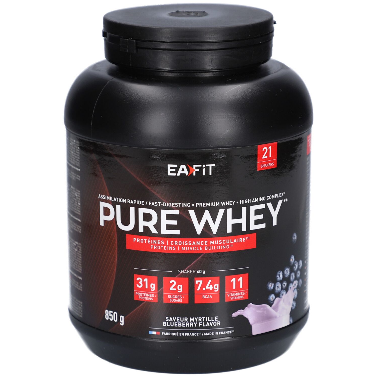 Schwarze Dose mit EAFIT PURE WHEY. Aufschrift: Proteine, 850g, Blaubeer-Geschmack. Enthält 21 Portionen.