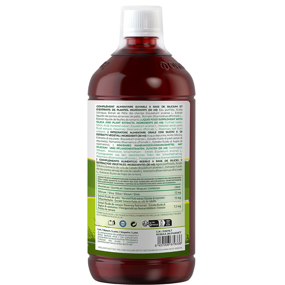 Rückseite der Flasche. Text in mehreren Sprachen. Zutatenliste. Herstellerinformationen. QR-Code. Grünes Etikett.