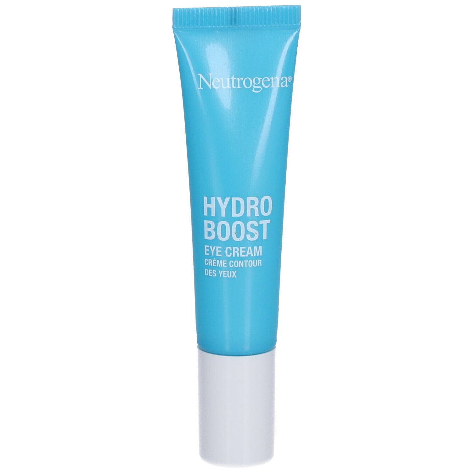 Neutrogena Hydro Boost crème contour des yeux. Tube bleu avec bouchon blanc. Texte: Eye Cream, Crème Contour des Yeux, 15ml.