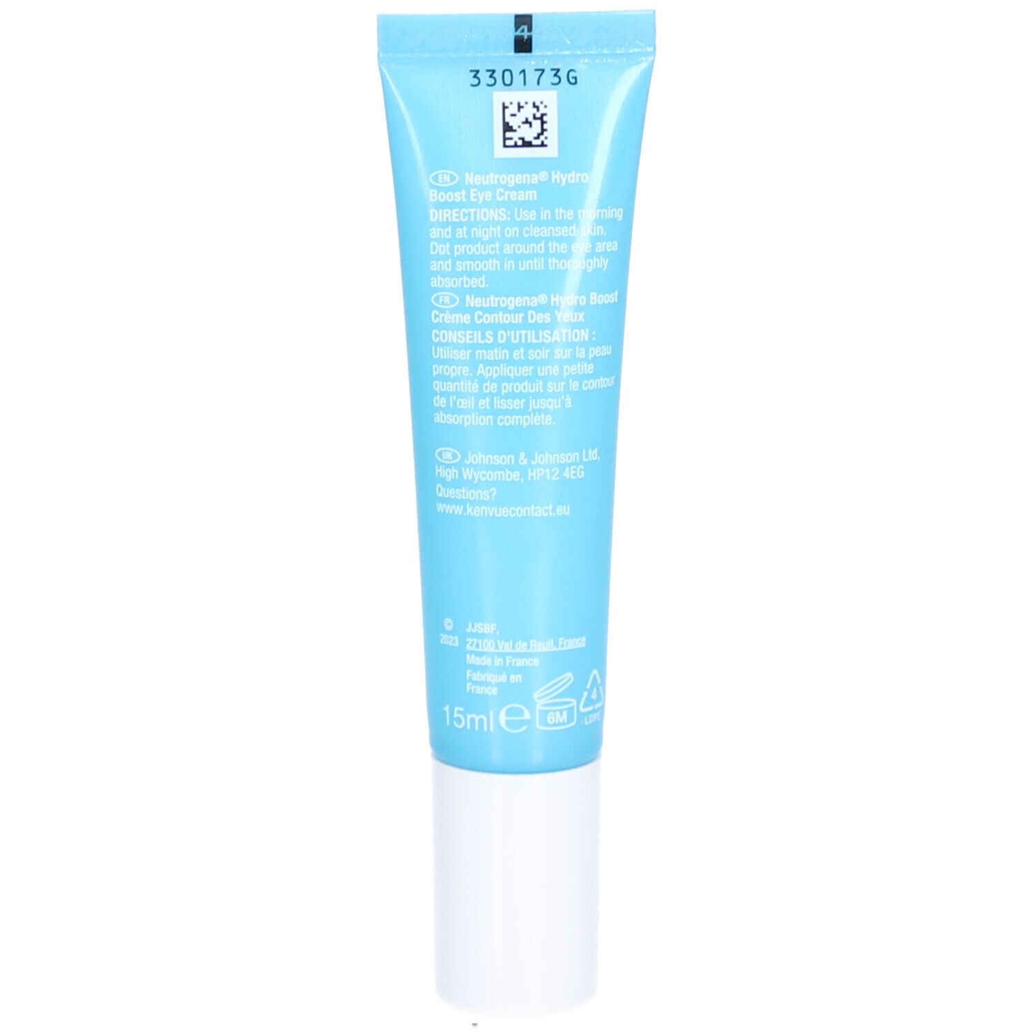 Dos de la crème contour des yeux Neutrogena Hydro Boost. Texte: Mode d'emploi, ingrédients, informations fabricant, 15ml.