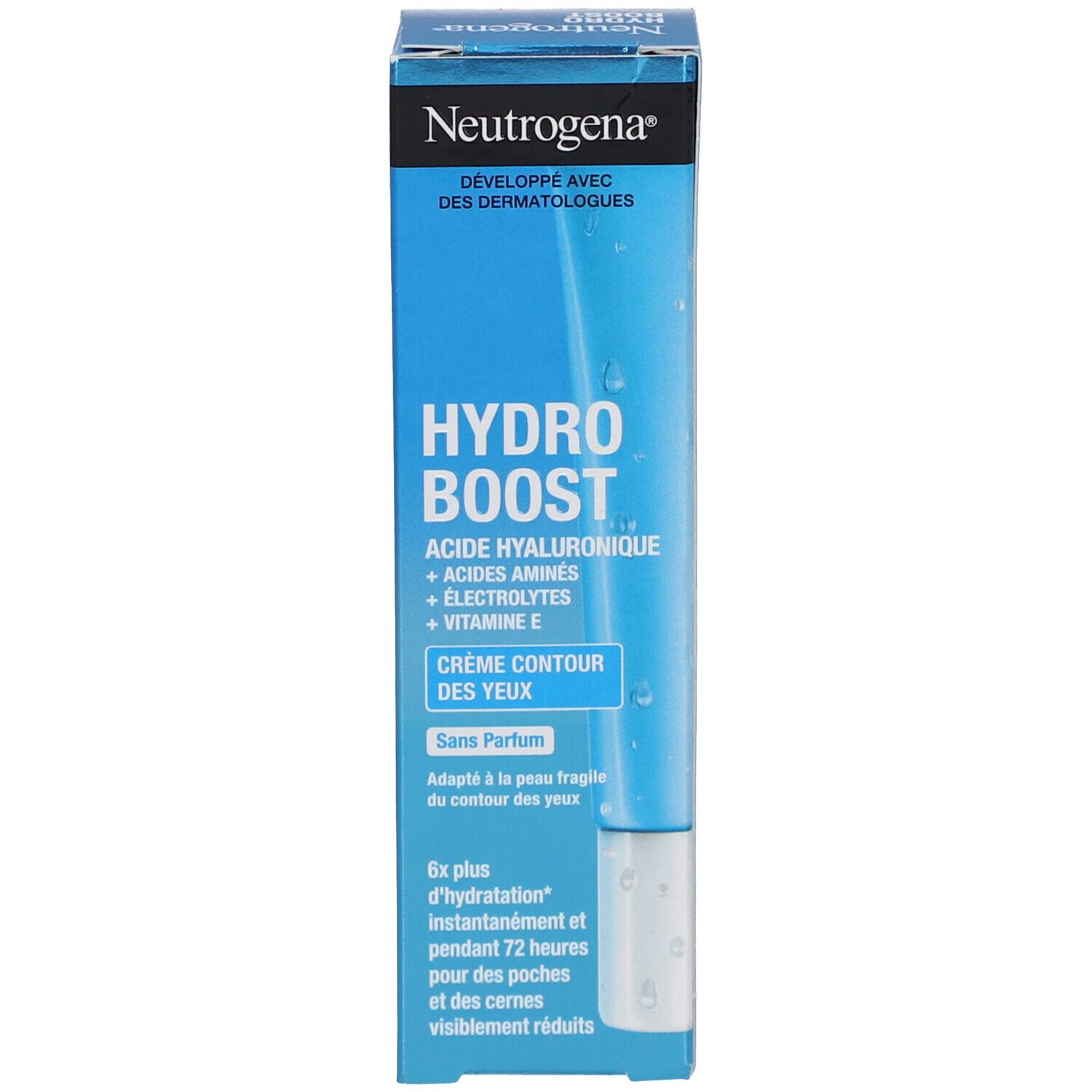Neutrogena Hydro Boost crème contour des yeux et emballage. Boîte bleue. Texte: Eye Cream, Crème Contour des Yeux, 6x plus d'hydratation.
