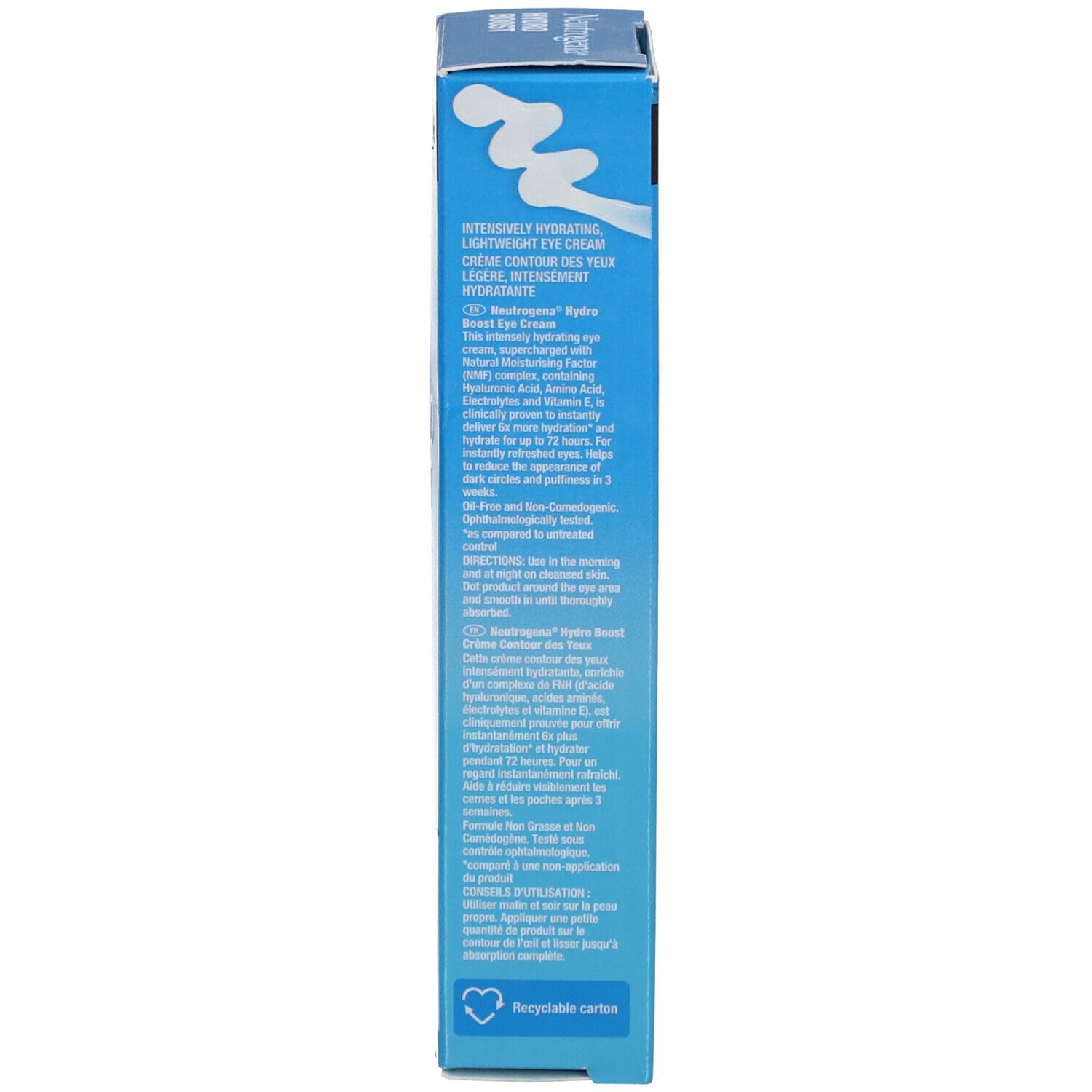 Dos de l'emballage de la crème contour des yeux Neutrogena Hydro Boost. Texte: Mode d'emploi, ingrédients, informations fabricant.
