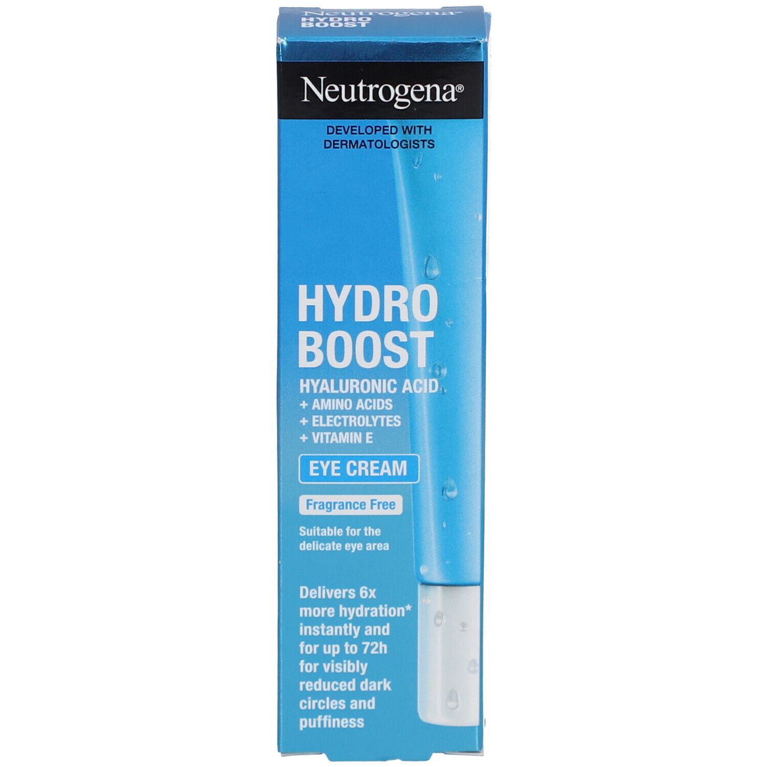 Emballage de la crème contour des yeux Neutrogena Hydro Boost. Boîte bleue. Texte: Eye Cream, acide hyaluronique, acides aminés, électrolytes, vitamine E.