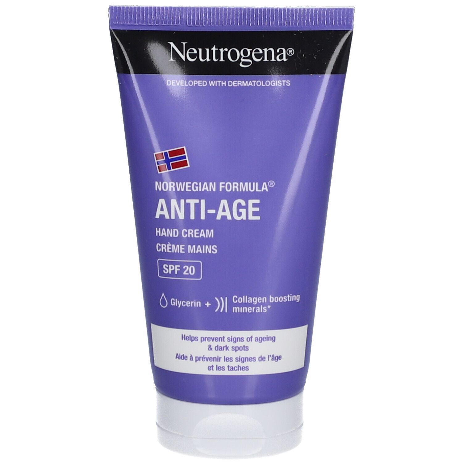 Tube de crème pour les mains violet avec bouchon blanc. "ANTI-AGE" et "SPF 20" visibles. Marque : Neutrogena.