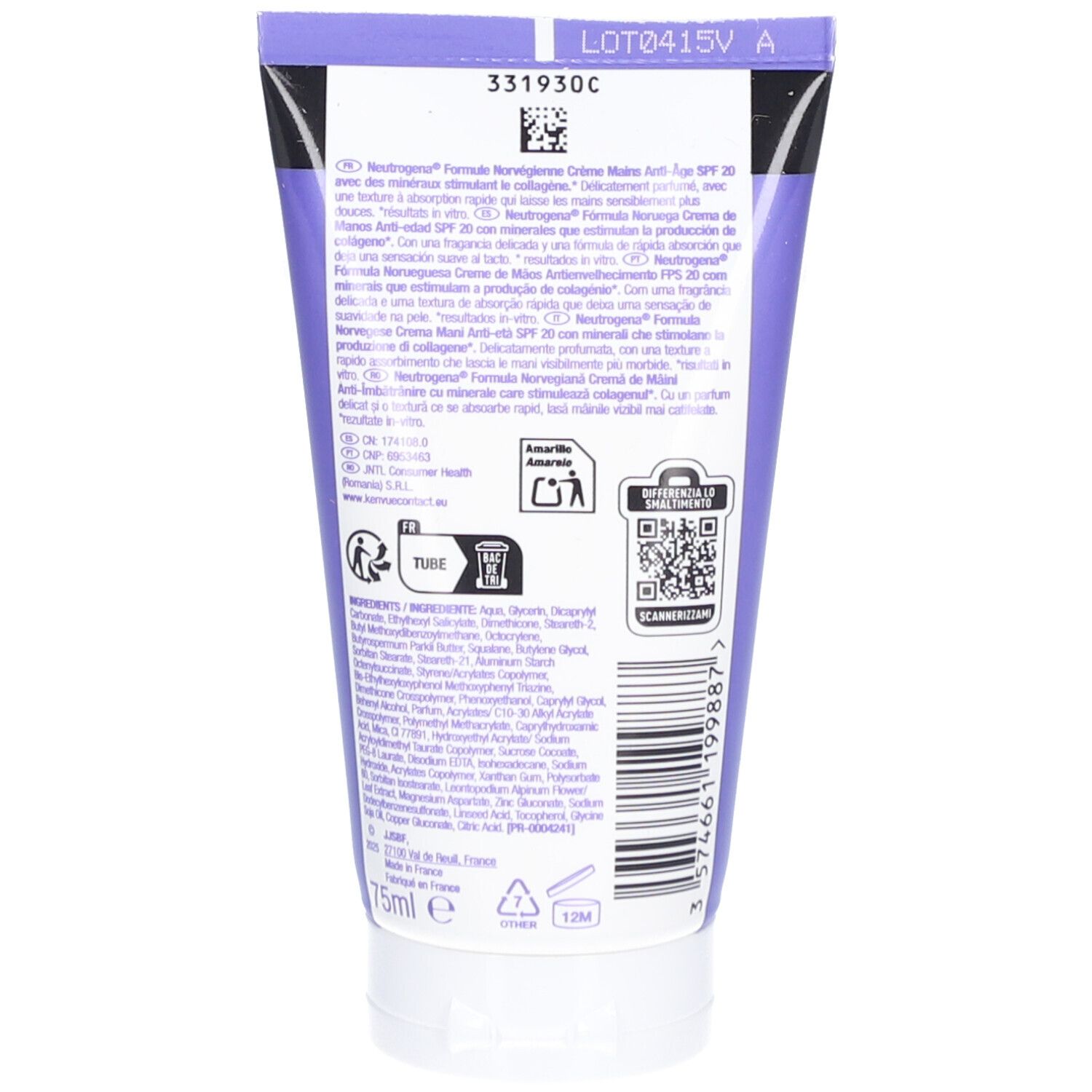 Dos d'un tube de crème pour les mains violet. Texte et code QR visibles. Marque : Neutrogena.